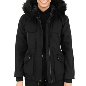Black Faux Fur Hooded Bomber Coat